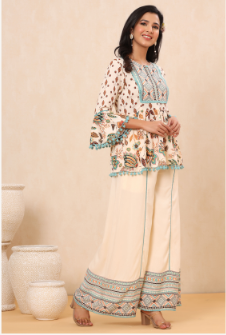 Women's Ivory Rayon Printed Peplum Top Palazzo Set