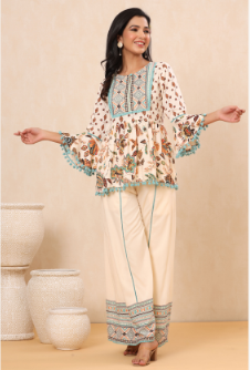 Women's Ivory Rayon Printed Peplum Top Palazzo Set
