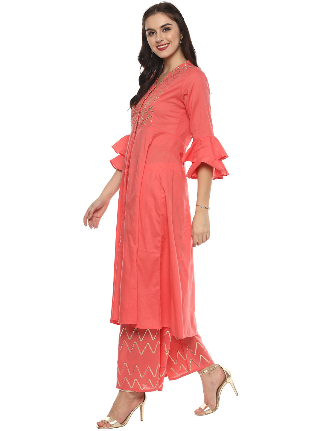Women's Orange Yoke Design Kurta With Palazzos