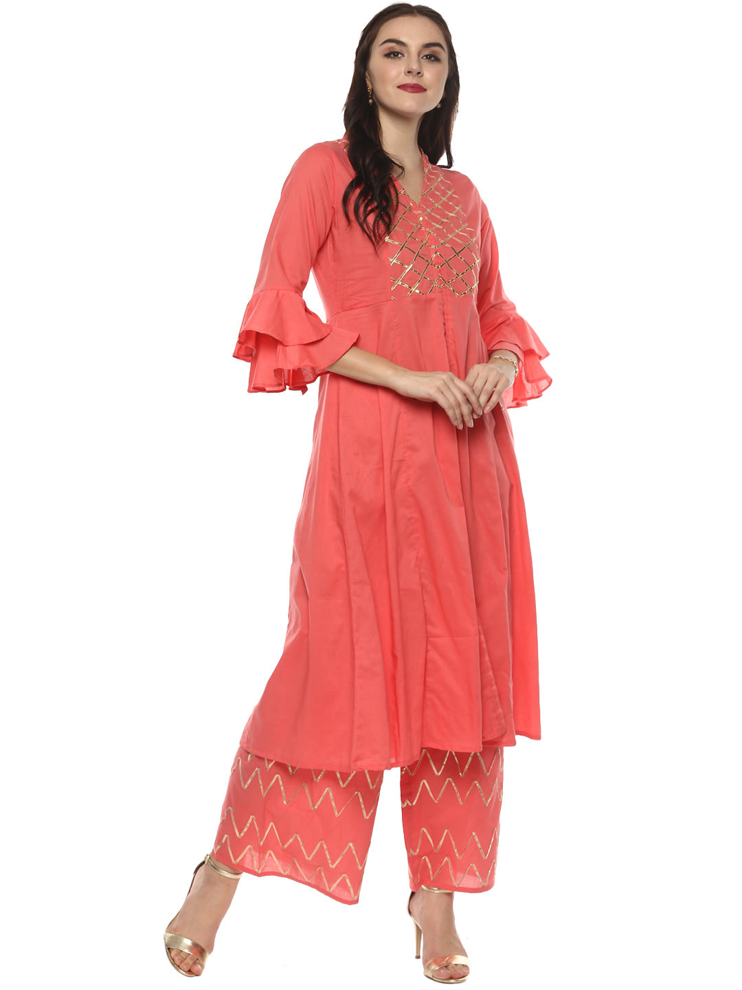 Women's Orange Yoke Design Kurta With Palazzos