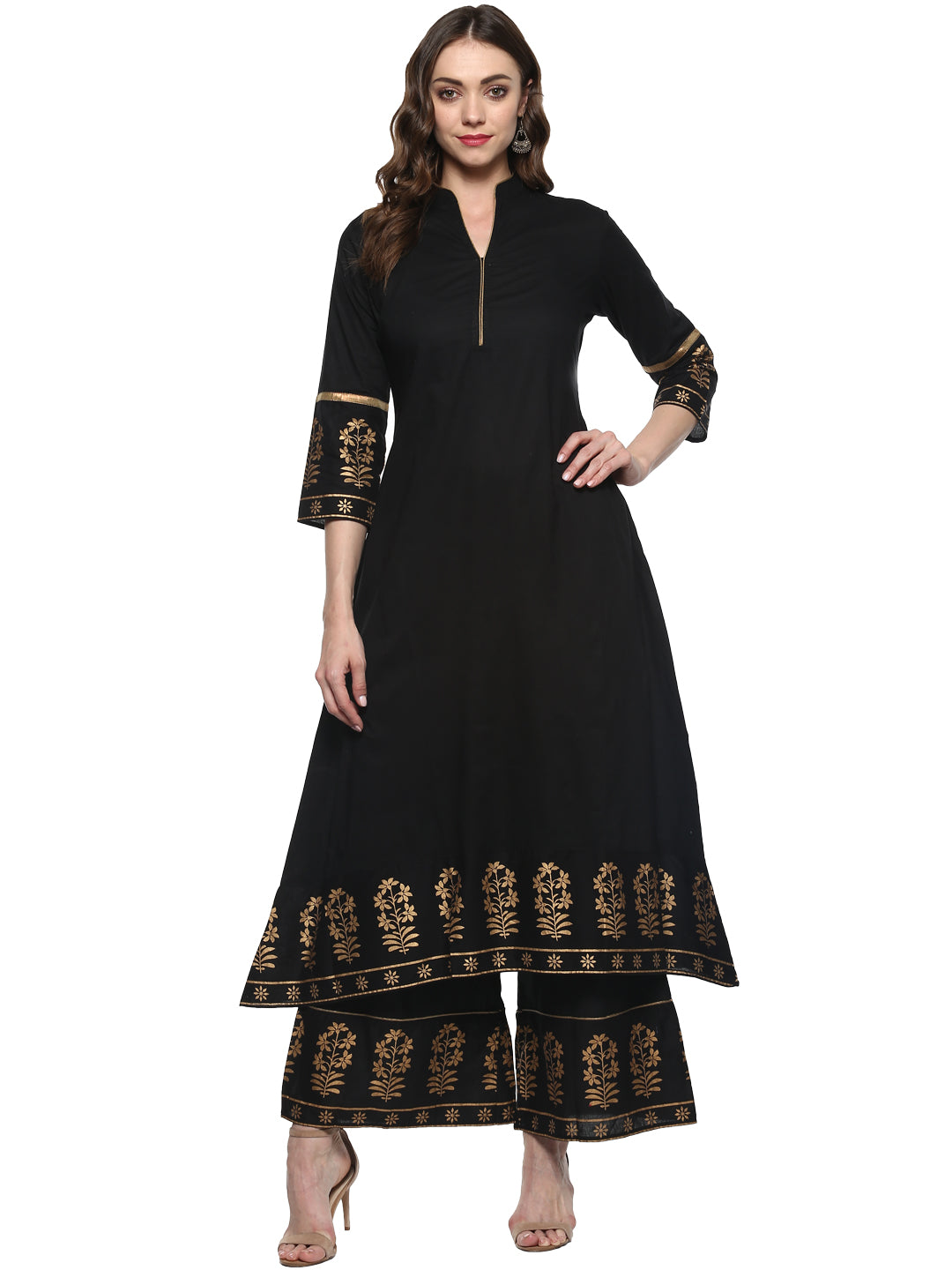 Women's Black And Gold-Toned Solid Kurta With Palazzos