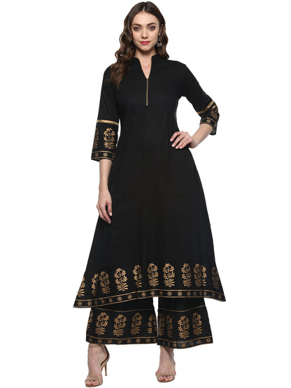 Women's Black And Gold-Toned Solid Kurta With Palazzos
