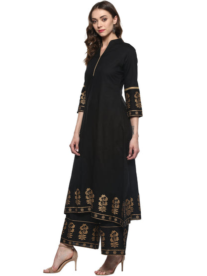 Women's Black And Gold-Toned Solid Kurta With Palazzos