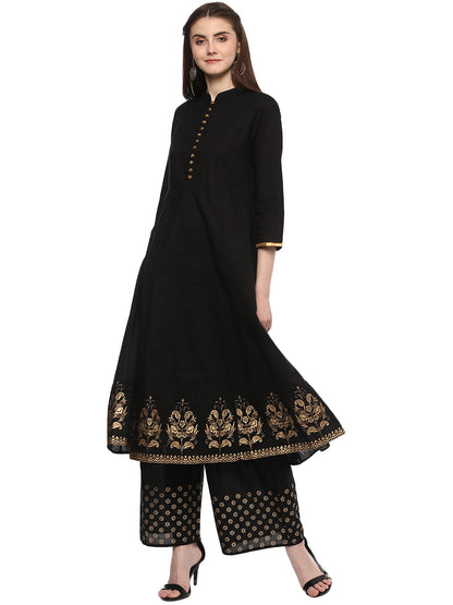 Women's Black And Golden Solid Kurta With Palazzos