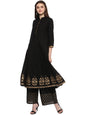 Women's Black And Golden Solid Kurta With Palazzos