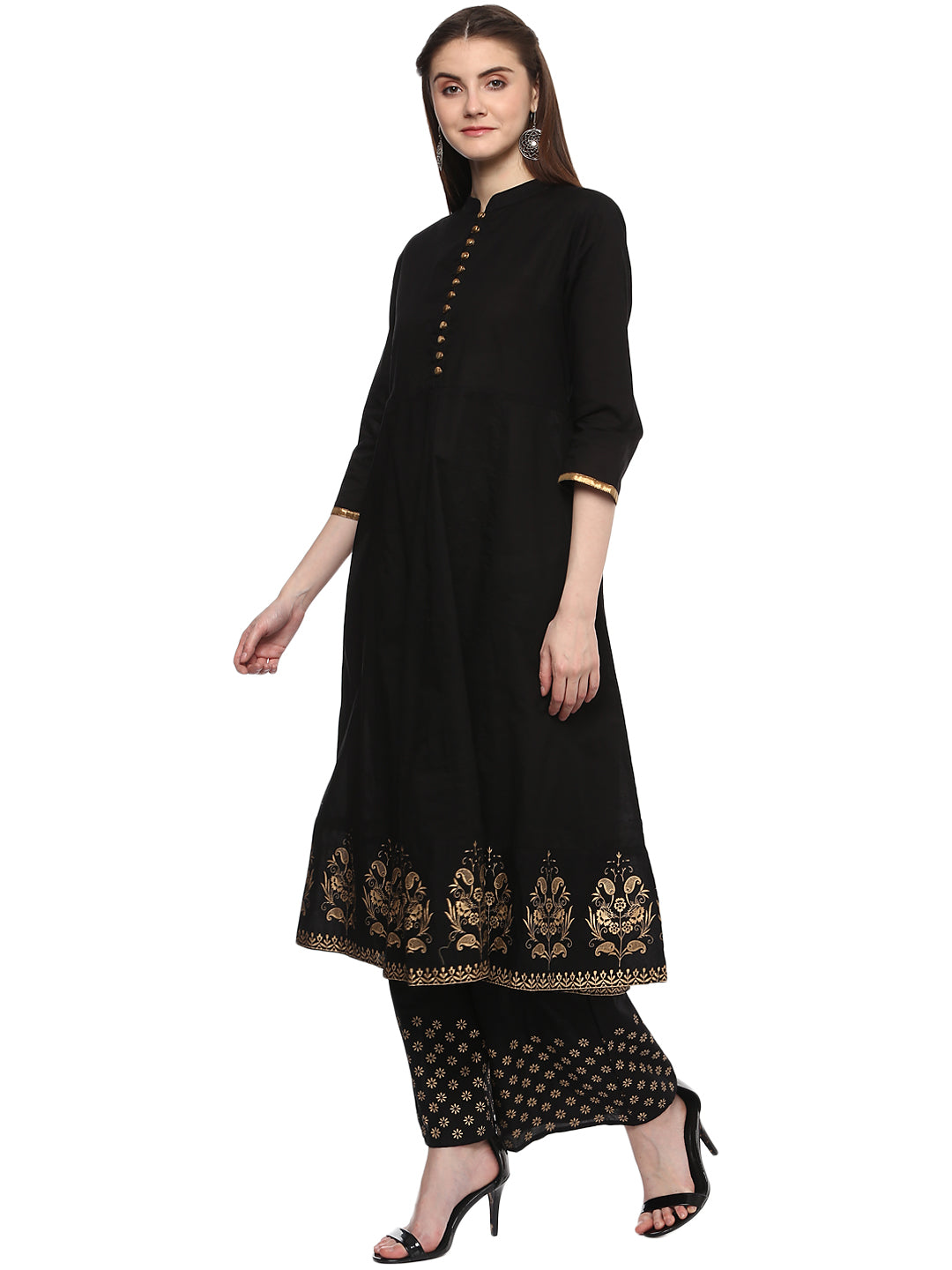 Women's Black And Golden Solid Kurta With Palazzos