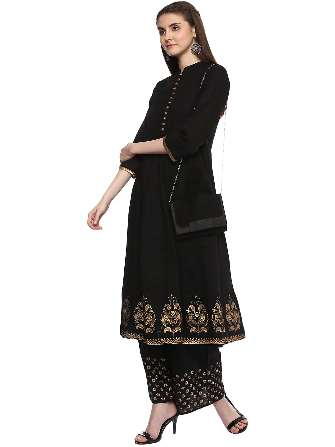 Women's Black And Golden Solid Kurta With Palazzos