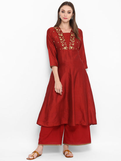 Women's Maroon Yoke Design Kurta With Palazzos
