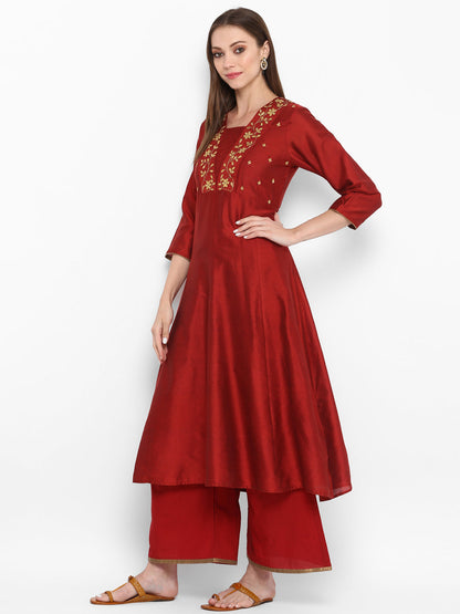 Women's Maroon Yoke Design Kurta With Palazzos