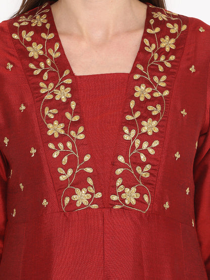 Women's Maroon Yoke Design Kurta With Palazzos