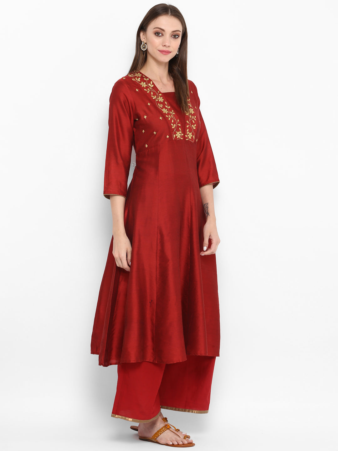 Women's Maroon Yoke Design Kurta With Palazzos