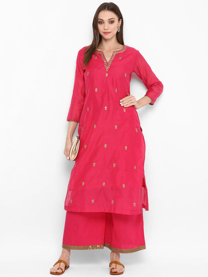 Women's Pink And Golden Embroidered Kurta With Palazzos