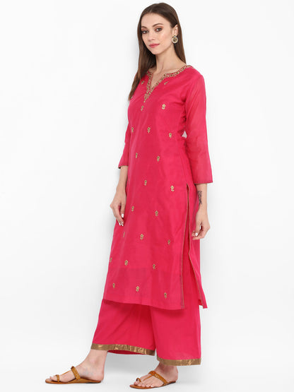 Women's Pink And Golden Embroidered Kurta With Palazzos
