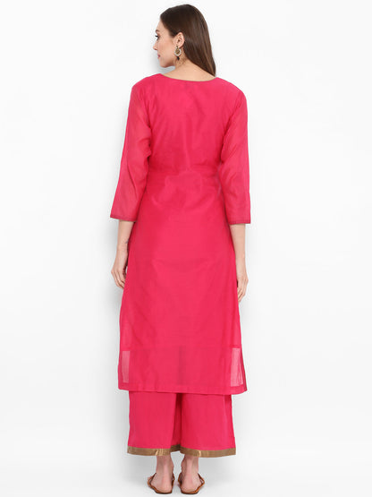 Women's Pink And Golden Embroidered Kurta With Palazzos