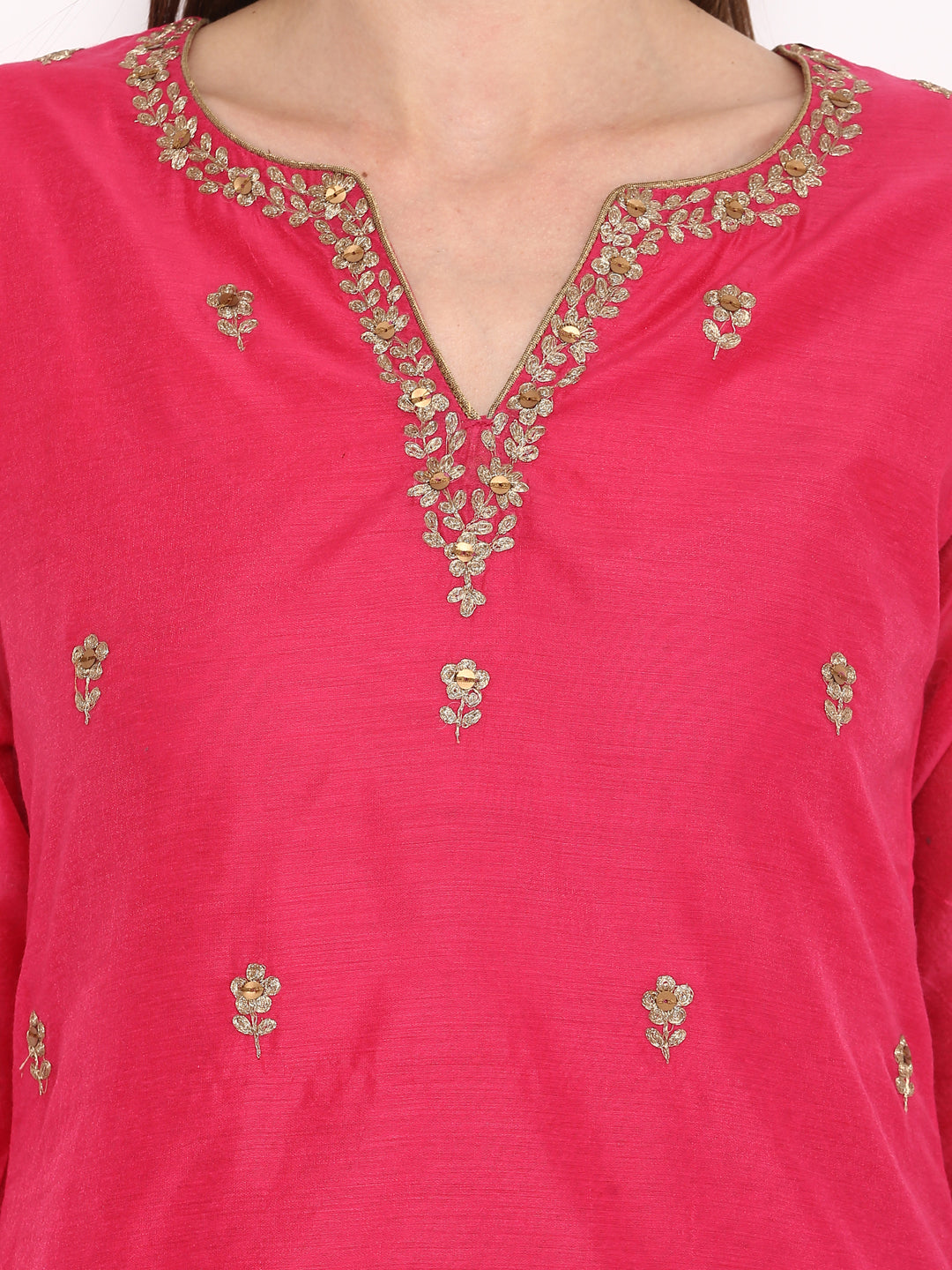 Women's Pink And Golden Embroidered Kurta With Palazzos