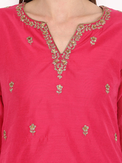 Women's Pink And Golden Embroidered Kurta With Palazzos