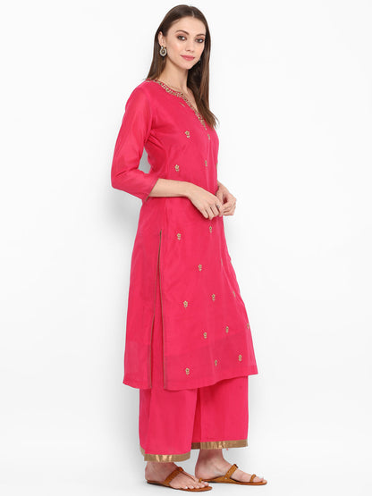 Women's Pink And Golden Embroidered Kurta With Palazzos