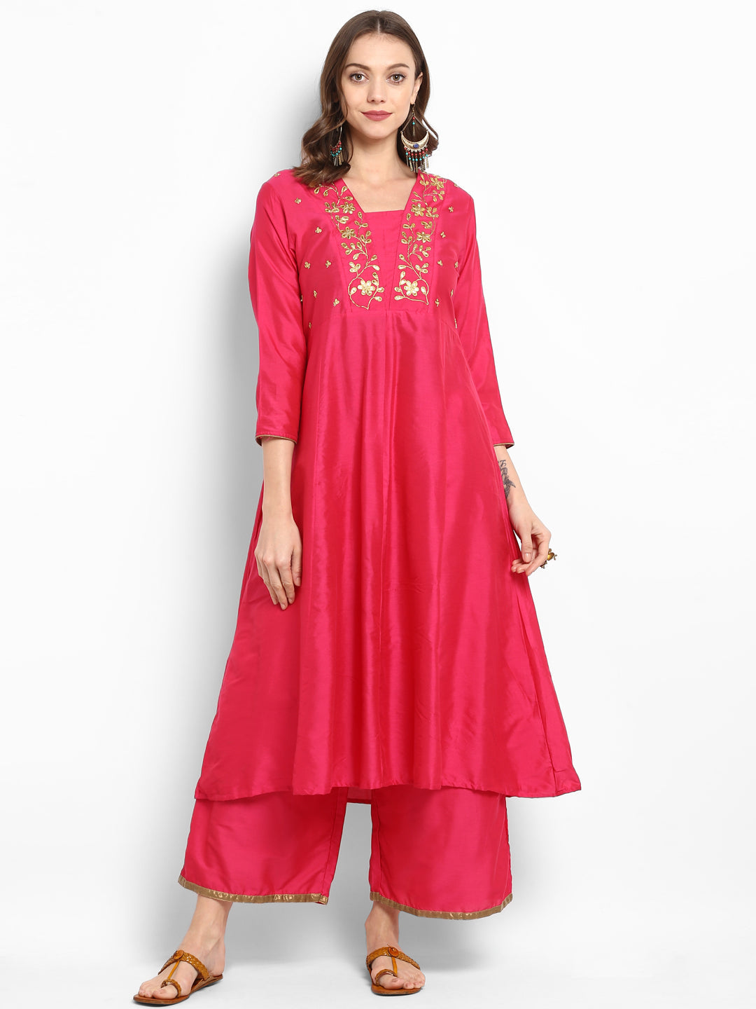 Women's Fuchsia Pink Yoke Design Kurta With Palazzos