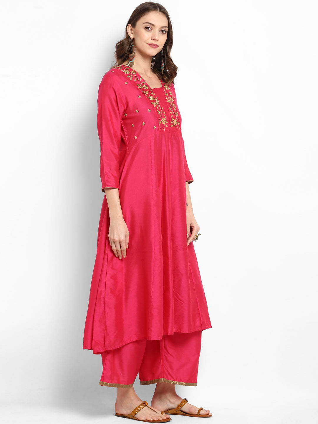 Women's Fuchsia Pink Yoke Design Kurta With Palazzos