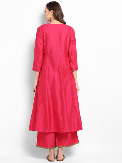 Women's Fuchsia Pink Yoke Design Kurta With Palazzos