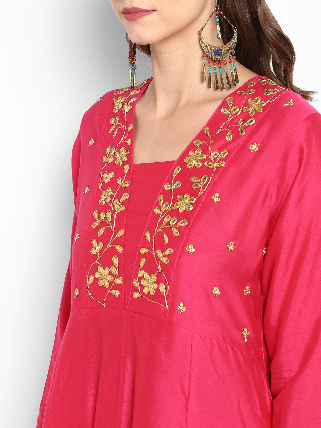 Women's Fuchsia Pink Yoke Design Kurta With Palazzos