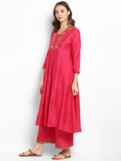 Women's Fuchsia Pink Yoke Design Kurta With Palazzos