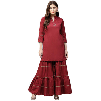 Women's Maroon Solid Kurta With Maroon Sharara