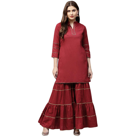 Women's Maroon Solid Kurta With Maroon Sharara