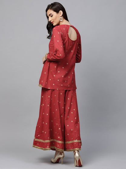 Women's Red And Golden Printed Kurta With Palazzos
