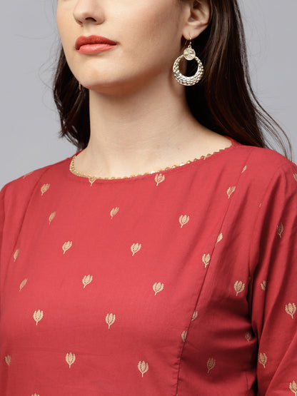 Women's Red And Golden Printed Kurta With Palazzos