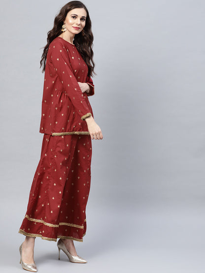 Women's Red And Golden Printed Kurta With Palazzos