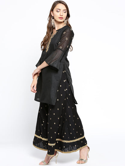 Women's Black Solid Kurta With Palazzos
