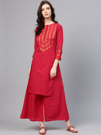 Women's Red Self Design Kurta With Palazzos