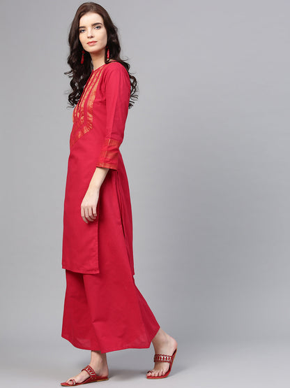 Women's Red Self Design Kurta With Palazzos