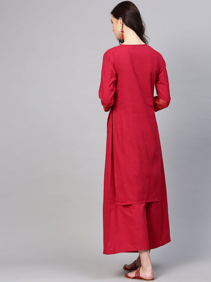 Women's Red Self Design Kurta With Palazzos