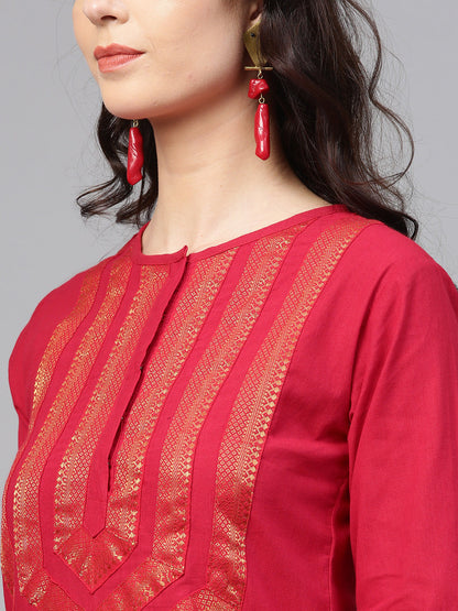 Women's Red Self Design Kurta With Palazzos