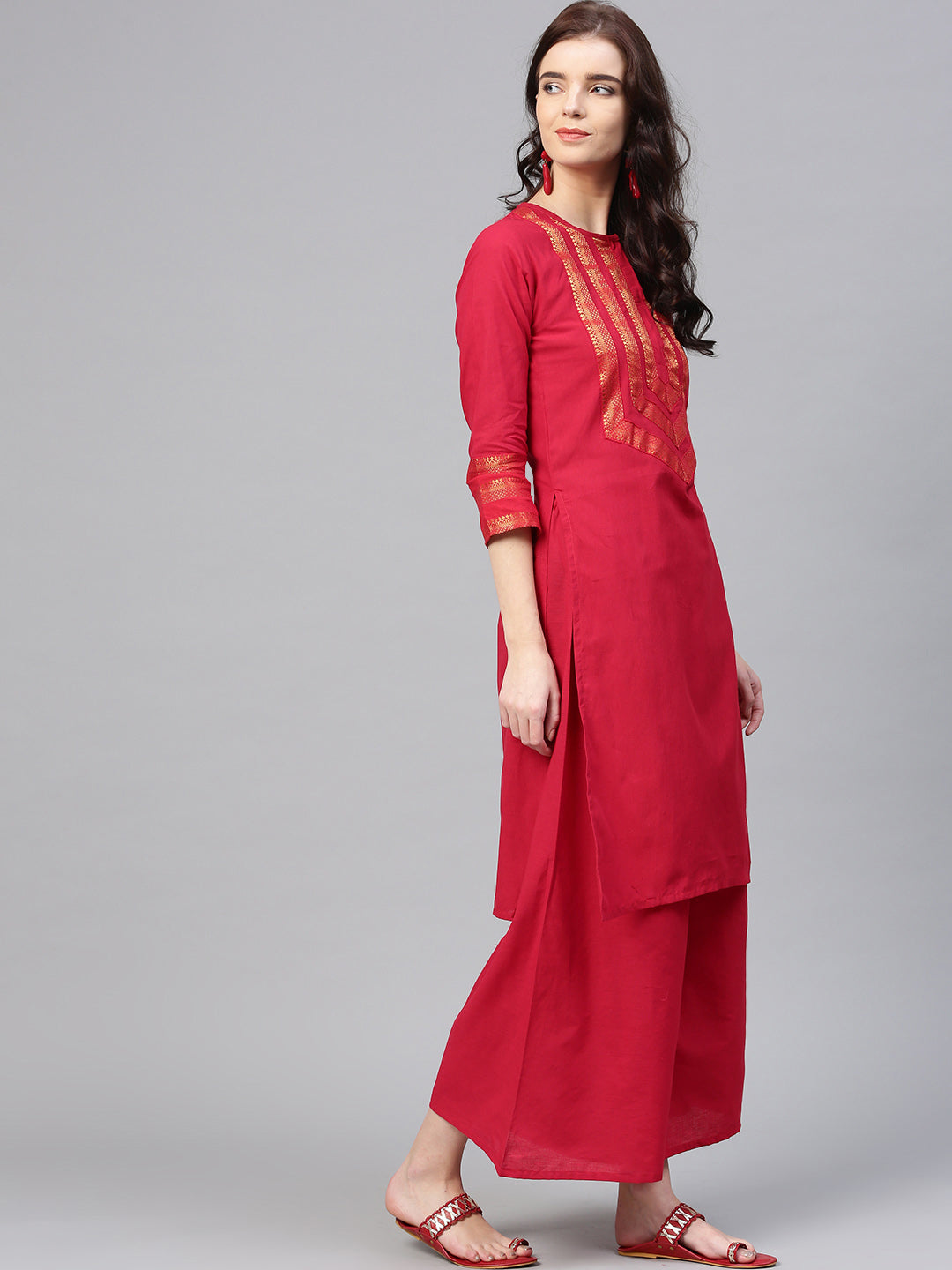 Women's Red Self Design Kurta With Palazzos
