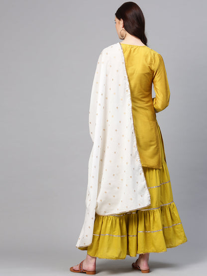 Women's Mustard Striped Kurta With Sharara & Dupatta
