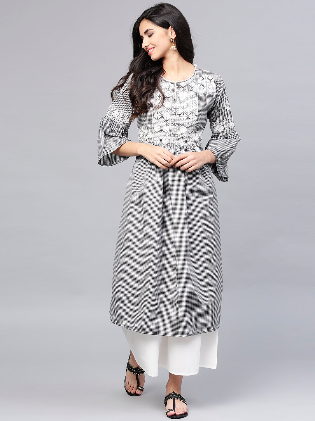 Women's Black And White Checked Kurta With Palazzos