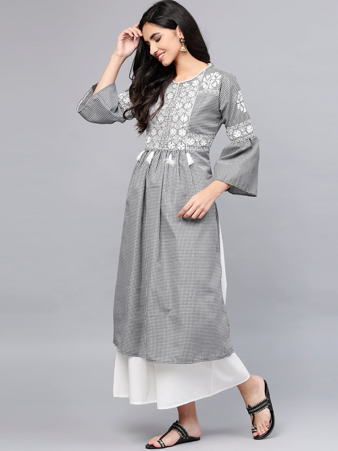 Women's Black And White Checked Kurta With Palazzos