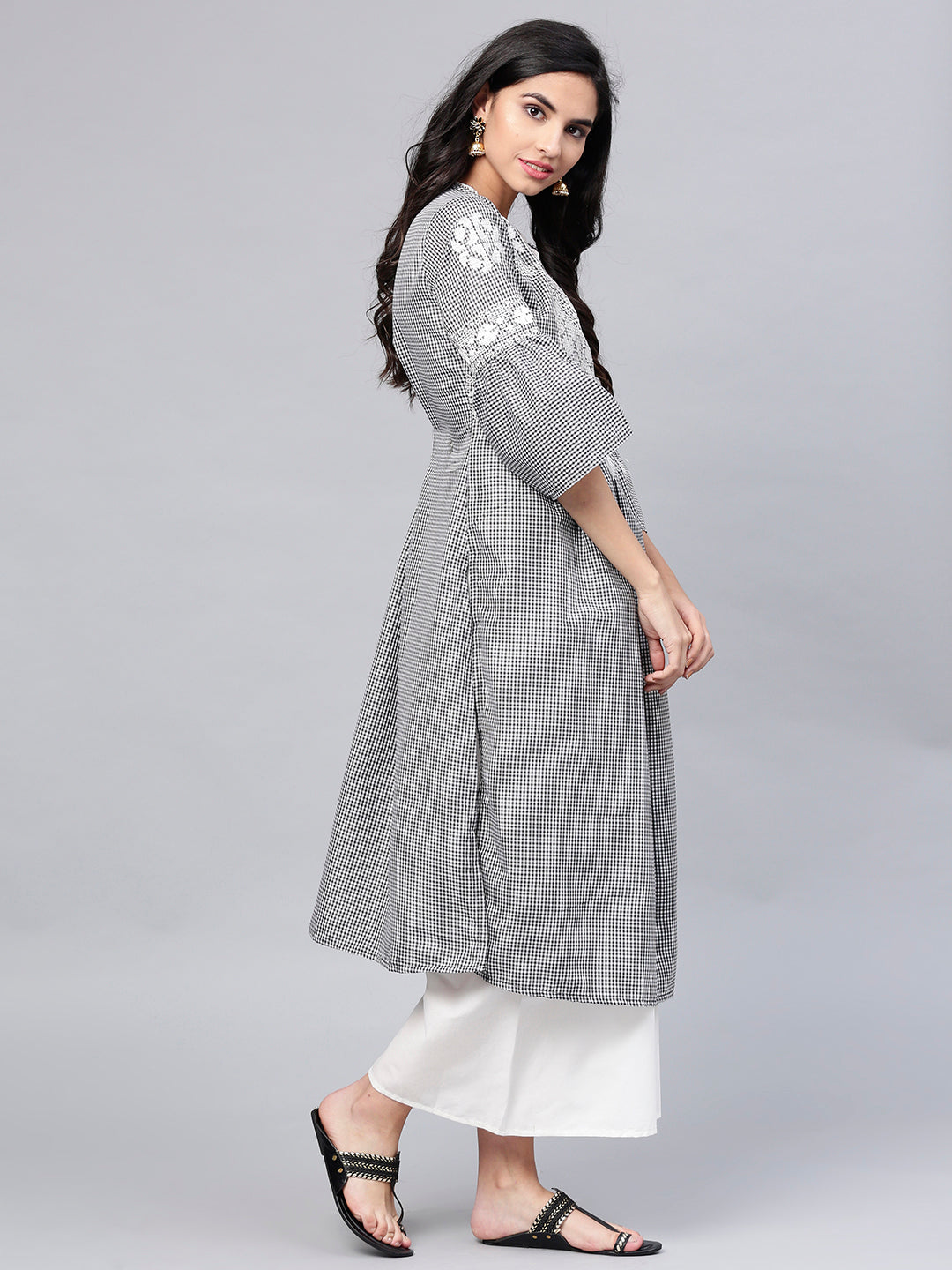 Women's Black And White Checked Kurta With Palazzos