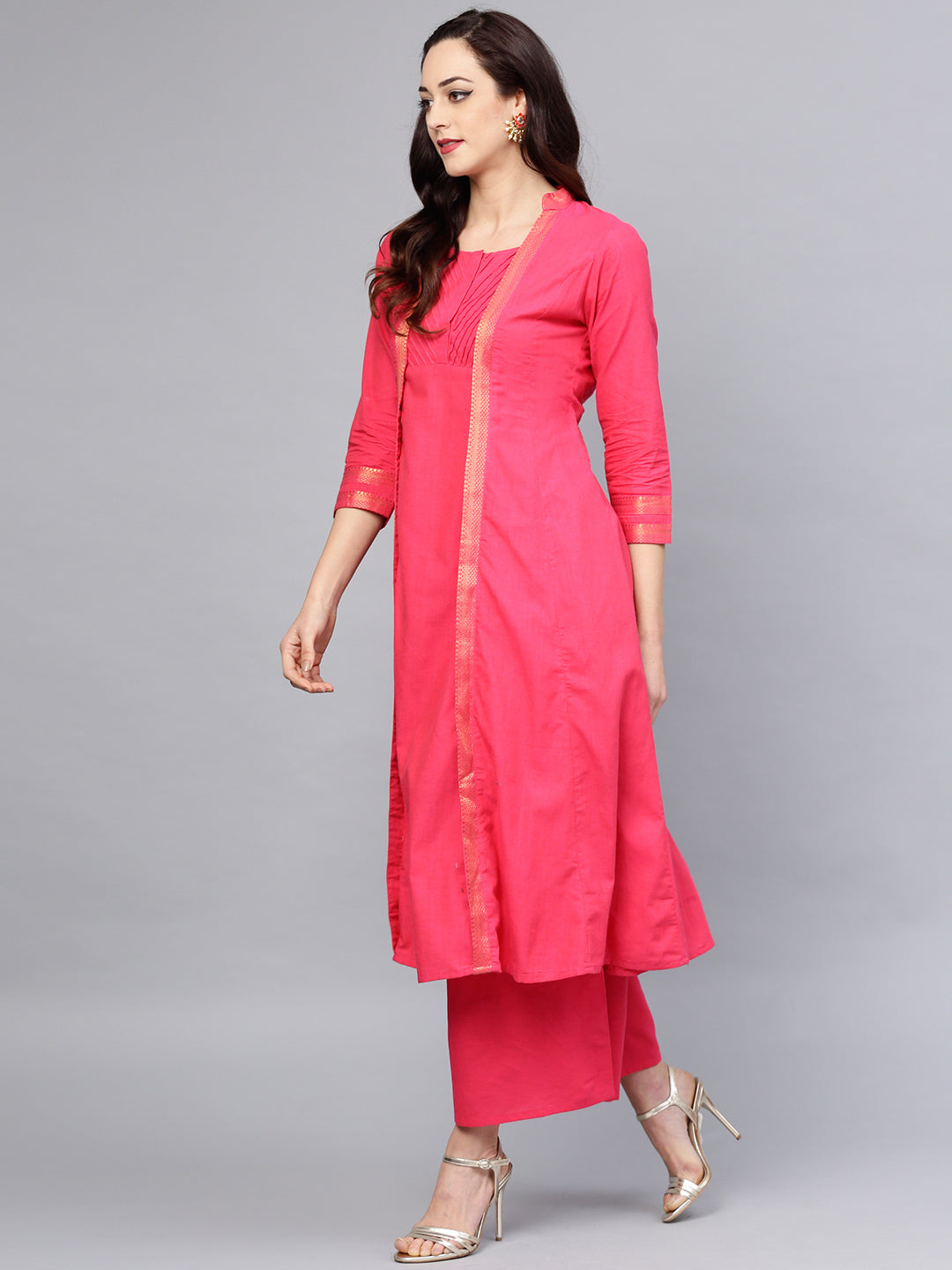 Women's Â Fuchsia Pink Solid Cotton Kurta With Palazzos & Jacket