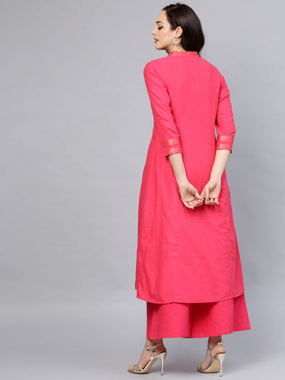 Women's Â Fuchsia Pink Solid Cotton Kurta With Palazzos & Jacket