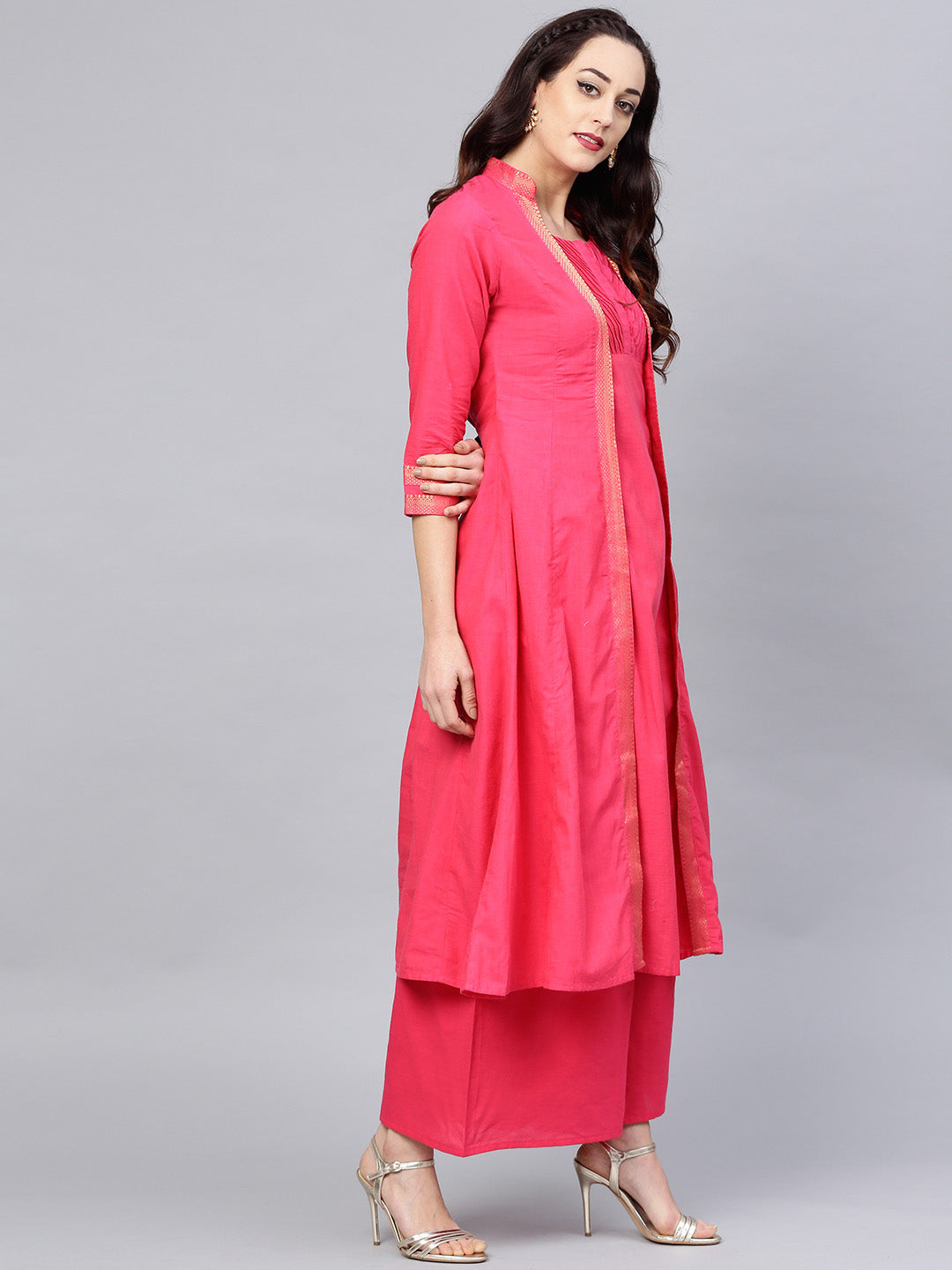 Women's Â Fuchsia Pink Solid Cotton Kurta With Palazzos & Jacket