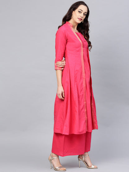 Women's Â Fuchsia Pink Solid Cotton Kurta With Palazzos & Jacket