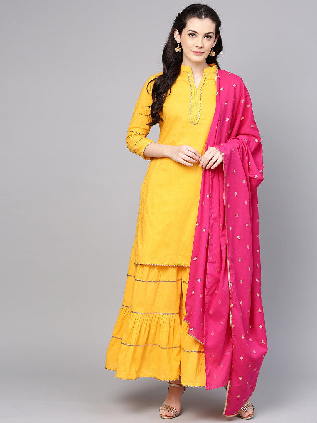 Women's Yellow Solid Kurta With Sharara And Dupatta