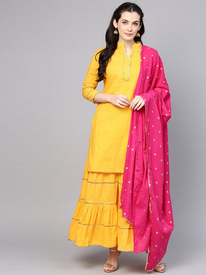 Women's Yellow Solid Kurta With Sharara And Dupatta