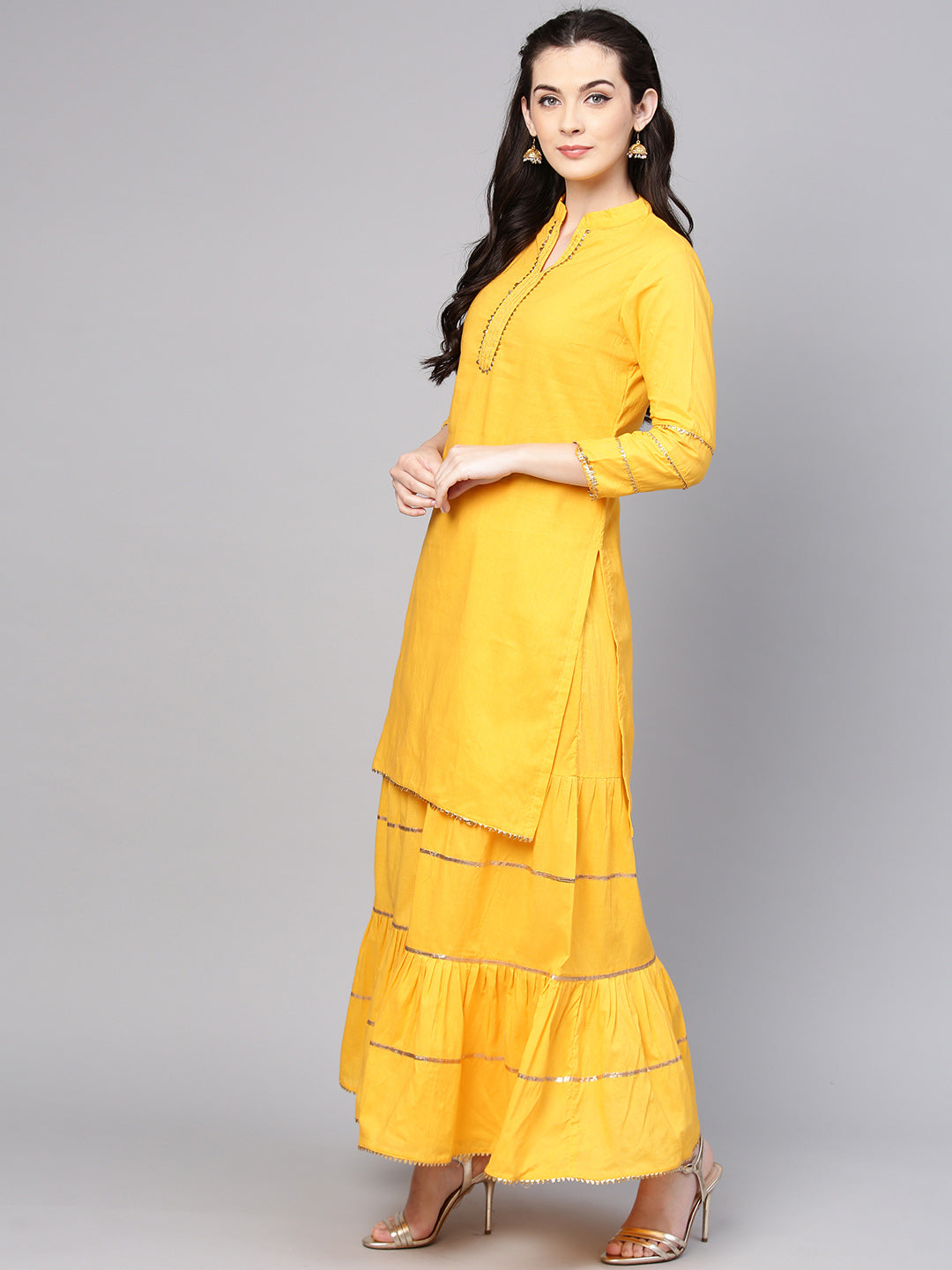 Women's Yellow Solid Kurta With Sharara And Dupatta