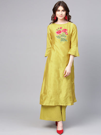 Women's Mustard Yellow Yoke Design Kurta With Palazzos