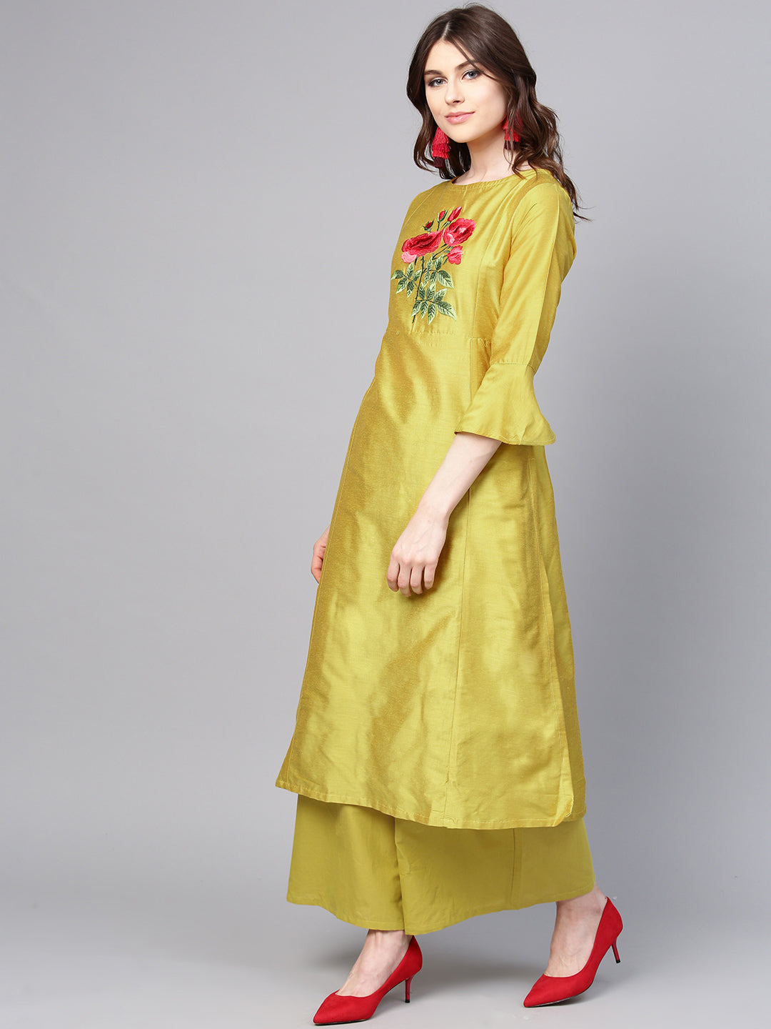 Women's Mustard Yellow Yoke Design Kurta With Palazzos